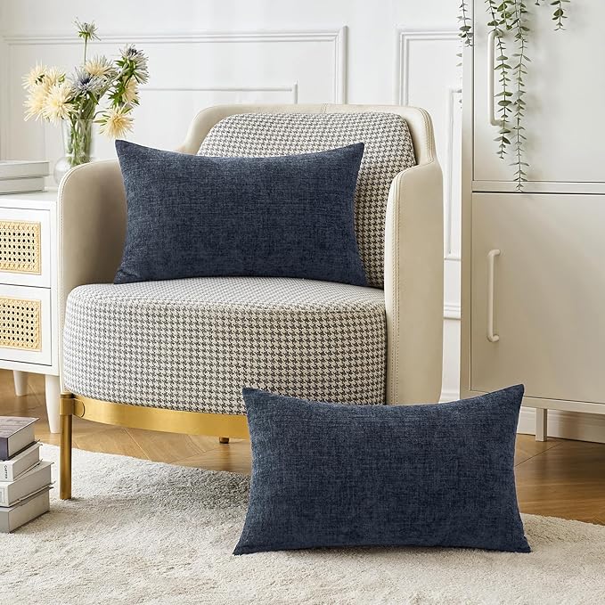 MIULEE Pack of 2 Couch Throw Pillow Covers 12x20 Inch Soft Navy Blue Chenille Lumbar Pillow Covers for Sofa Living Room Solid Dyed Cases