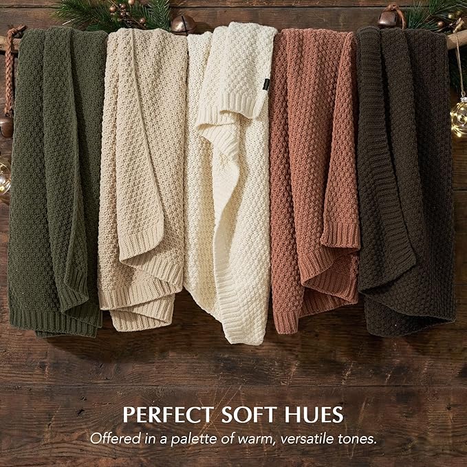 EVERGRACEHOME Chunky Chenille Knit Throw Blanket for Couch, Soft Luxurious Moss Stitch Blankets for Bed, Cozy Decorative Farmhouse Knitted Throws for Sofa, Cocoa Brown, 50" x 60"