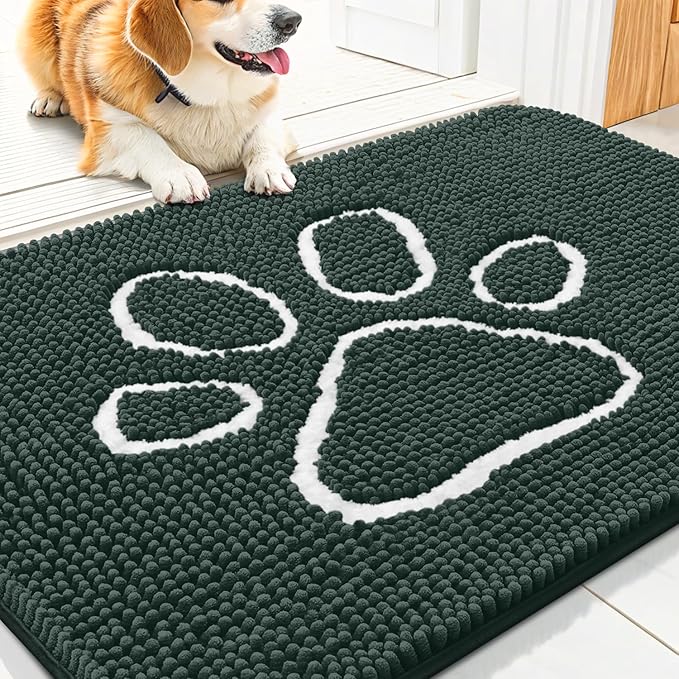 Smiry Dog Door Mat for Muddy Paws, Absorbent Dirt Trapper Non Slip Quick Dry Washable Chenille Mat for Mud Dogs, Entry Rug for Indoor and Outdoor (30x20 Inches, Green and White)