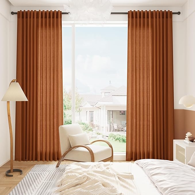 Desert Orange Semi Sheer Curtains 120 Inches Set Back Tab Loop Pocket Linen Blend Boho Curtain Extra Long Light Filtering Drapes High Ceiling Curtain Living Room Dinner Room 52x120,2 Panels