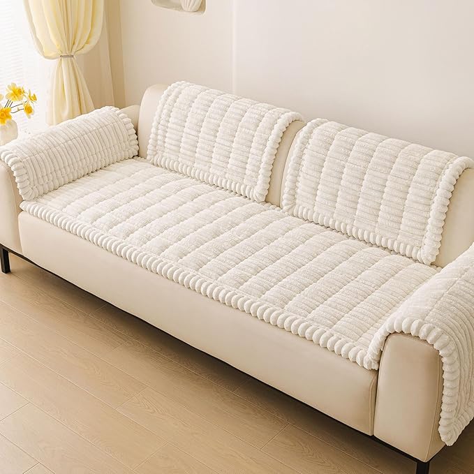 hyha Couch Covers for Dogs Washable, Non Slip Plush Dog Sofa Protectors, Fuzzy Pet Couch Covers for 3 Cushion Sofa Pet Friendly (White, 27.6" x 88")