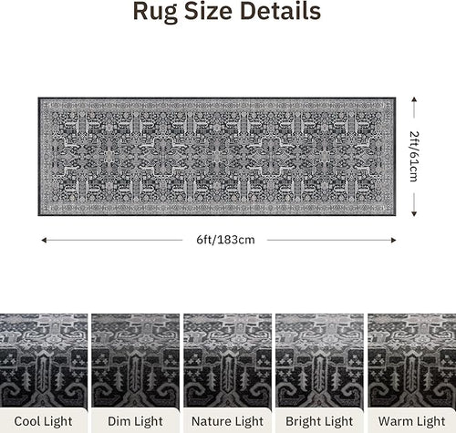 2x6 Hallway Washable Runner Rug - Soft Non Slip Vintage Rugs for Entryway Low-Pile Farmhouse Neutral Kitchen Runners Living Room Floor Mat Stain Resistant Distressed Carpet for Bedroom Bathroom Black
