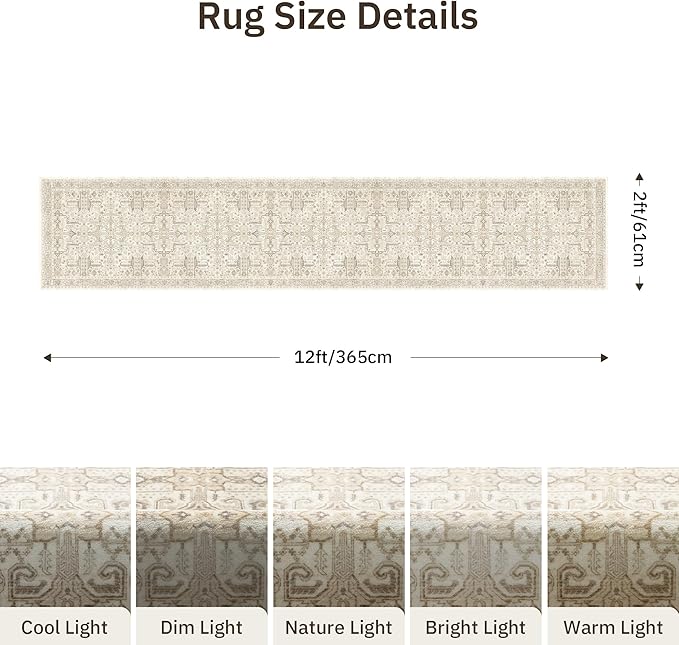 Hallway Washable Runner Rug 2x12 - Non Slip Vintage Kitchen Runner Rugs for Entryway Low-Pile Waterproof Long Runners for Living Room Bedroom Medallion Indoor Floor Mat for Bathroom Laundry Beige