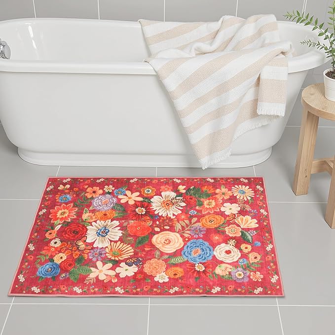 Area Rugs 24x17 Inch Home Decor Entry Rug, Small Door Mat Bath Mats for Bathroom, Ultra-Thin Non Slip Floral Low Pile Tub Mat for Sink Shower Doorway Tub Kitchen Sink(2 x 1.4 ft, Red Garden)
