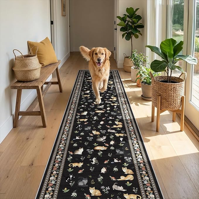 2x10 Washable Hallway Runner Rug - Soft Low Pile Floral Animal Cat Print Rugs with Non-Slip Backing Waterproof Stain-Resistant Indoor Carpet for Kitchen Entryway Bathroom Bedroom (Black)