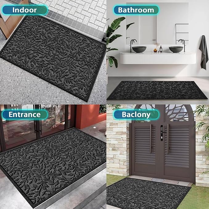 Bulijojo Sturdy Front Entrance Doormats,Durable Heavy Duty Welcome Mat,Thick Absorbent Natural Rubber Non Slip Mat,Easy Clean Entryway Mat Leaves Black, 47" x 32"