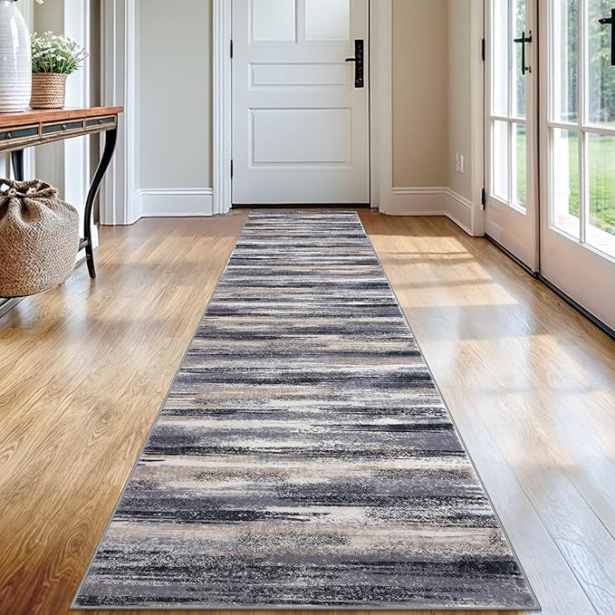 Lansny Modern Abstract Runner Rug 2x12, Grey Black Multi Washable Long Kitchen Runner Non-Slip Soft Hallway Rug Runner Thin Print Faux Wool Carpet for Entryway Bedroom Laundry Room Indoor Home Decor