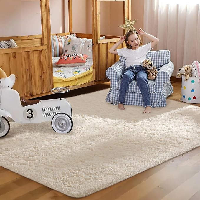 Ophanie Rugs for Living Room, Upgrade Non-Slip Fluffy Soft 5x8 Area Rug, Shag Large Fuzzy Plush Carpets for Bedroom Ivory, Shaggy Kids Boys Girls Dorm Nursery Home Decor Aesthetic