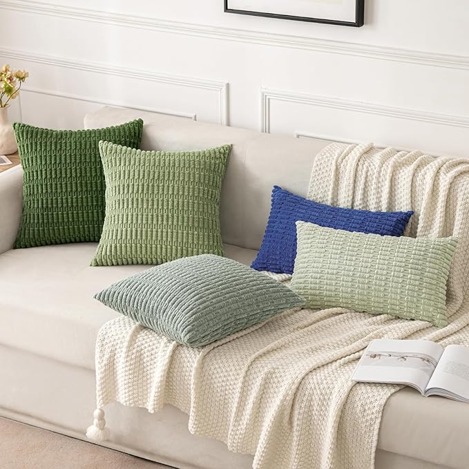 MIULEE Pack of 2 Spring Corduroy Decorative Throw Pillow Covers 20x20 Inch Soft Boho Striped Pillow Covers Modern Farmhouse Home Decor for Summer Sofa Living Room Couch Bed Moss Green