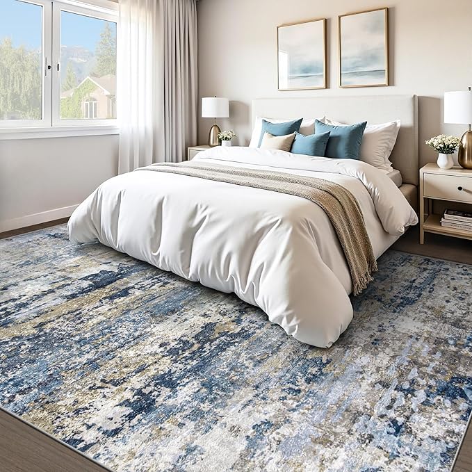 Area Rugs 10x14 Living Room: Washable Rug Modern Abstract Neutral Soft Non-Slip Low-Pile Indoor Large Carpet for Bedroom Dining Room Playroom Home Office (Blue Grey Brown, 10'x14')