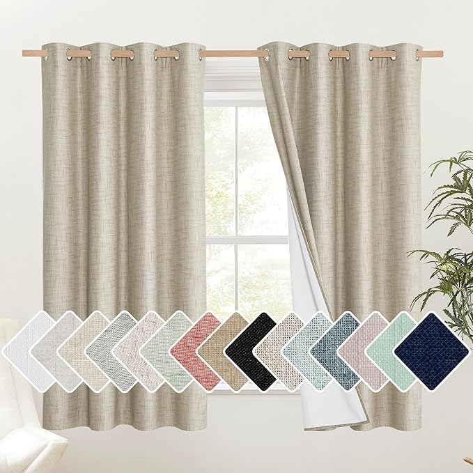 NICETOWN Taupe 100% Blackout Linen Curtains 45 inch Long Burg, Farmhouse Thick Completely Blackout Window Treatment Panels Thermal Insulated Drapes for Cafe (1 Pair, 52" Width Each Panel)
