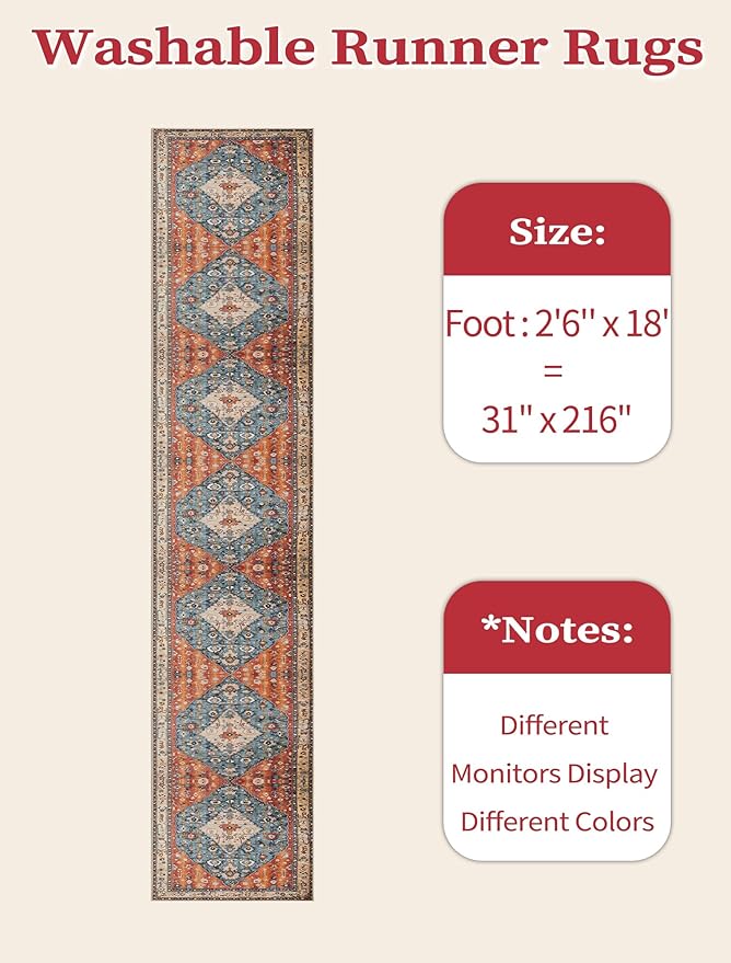 SERISSA Runner Rug for Hallways, 2'6"x18' Washable Non Slip Kitchen Runner Rug, Extra Long Boho Rug Ultra Soft Vintage Tribal Print Floor Carpet for Hallway Living Room Dining Room Bedroom
