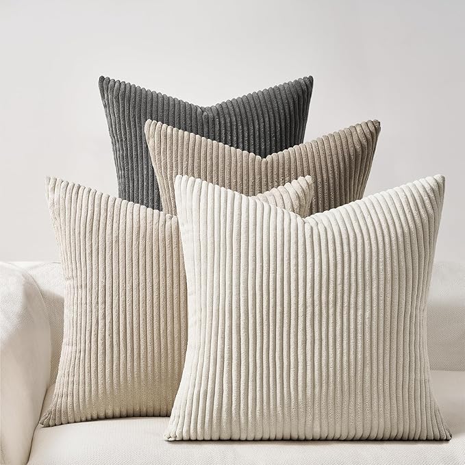 Topfinel 4 Packs Natural Decorative Throw Pillows Covers 26x26 Inch for Living Room Couch Bed Sofa, Rustic Farmhouse Boho Neutral Home Decor, Soft Plush Striped Corduroy Square Cushion Case 65x65 cm