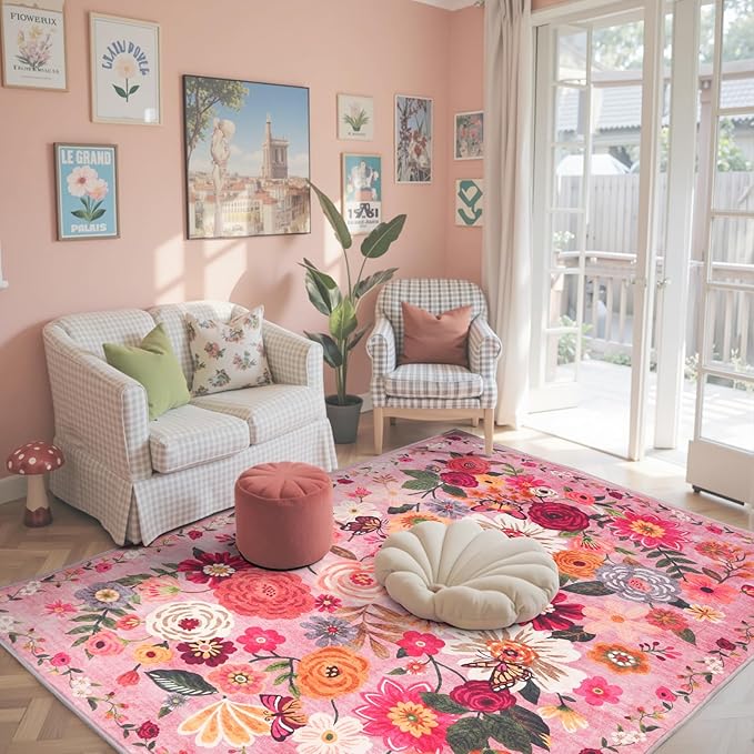 Floral Machine Washable Rug Pink, 3x5 Rug Non Slip Soft Bedroom Rugs for Entryway Dorm, Ultra-Thin Rugs for Bedroom Stain Resistan(3 x 5, Pink Garden)