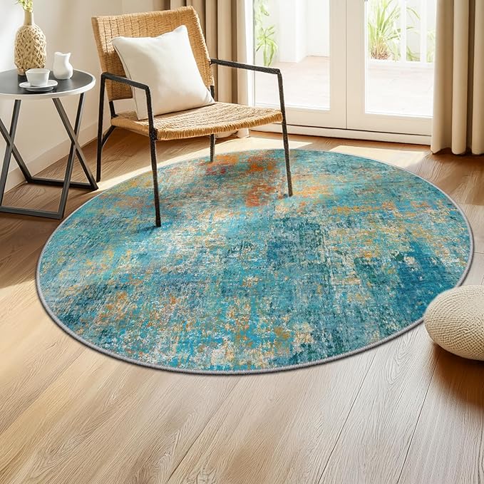 Washable Area Rugs 4ft Non-Slip Modern Abstract Soft for Living Room Entryway Bedroom Nursery, Print Pattern, Teal Blue Green Orange Rust Red Coloreful