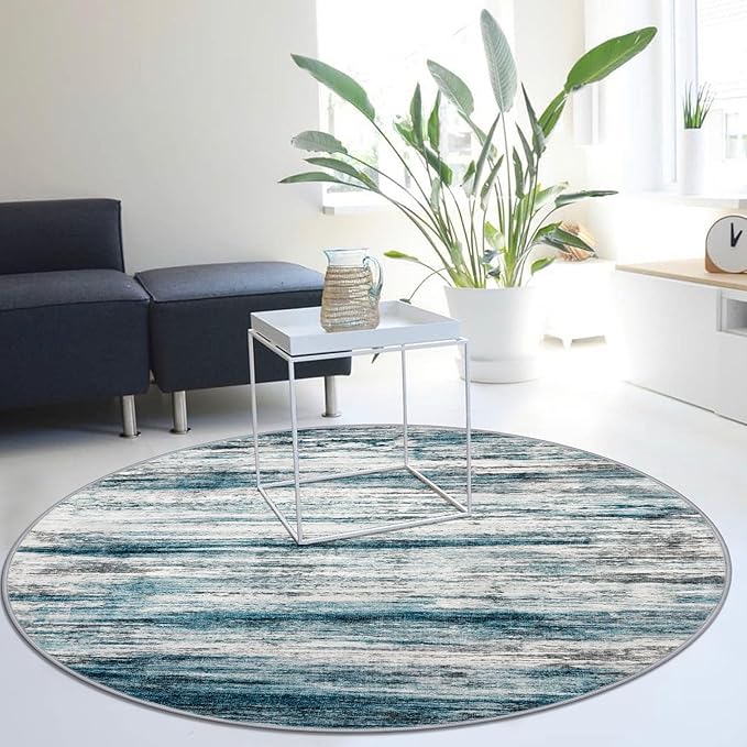 KOZYFLY Modern Abstract Round Area Rug 5Ft, Washable Kitchen Rug Non-Slip Soft Bathroom Circle Rug, Blue Striped Entryway Rugs Print Faux Wool Doormat for Bedside Entrance Bedroom Sink