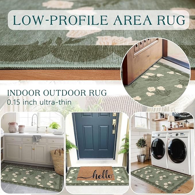 Front Door Mat Indoor Entrance - 2x4.3 Ft Floral Washable Layered Doormat Outdoor Entrance Porch Rug Non-Slip Sage Green Boho Runner Rug for Kitchen Hallway Bedroom Laundry Room Porch Decor