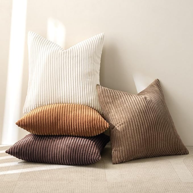 MIULEE Boho Farmhouse Throw Pillow Covers 20x20 Inch Set of 4 Rustic Mordern Neutral Cushion Covers Soft Corduroy Nordic Home Decor for Couch Bed Sofa Living Room Brown