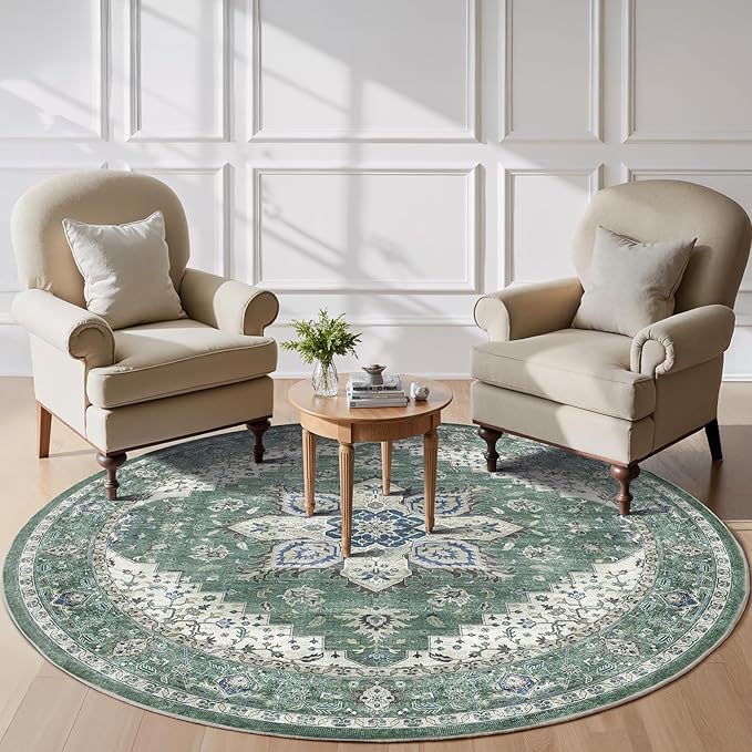 AMADA HOMEFURNISHING Round 6ft Area Rugs, Blue Low-Profile Washable Rug with Non-Slip Backing & Durable Edge Binding, Vintage Rugs for Living Room, Bedroom, Dinning Room