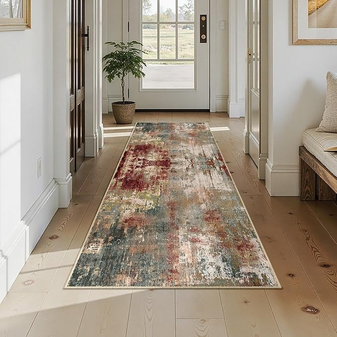 Washable Area Rugs 2'6''x8 Non-Slip Modern Abstract Soft for Living Room Entryway Bedroom Nursery, Print Pattern, Brown Rust Red Green Blue Multi