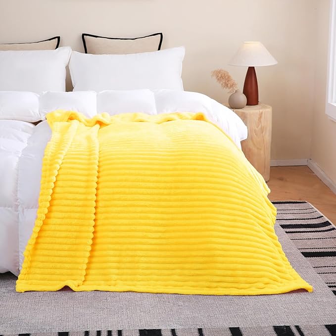Bright Yellow Fleece Throw Blanket 108”×90” for Couch Sofa Bed,Super Soft Cozy Plush Microfiber Flannel Blanket with Stripes Design Lightweight for Adults,Woman,Girls