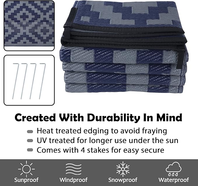 Outdoor Rug, Reversible Polypropylene 6 x 9 ft, Blue Grey Lattice