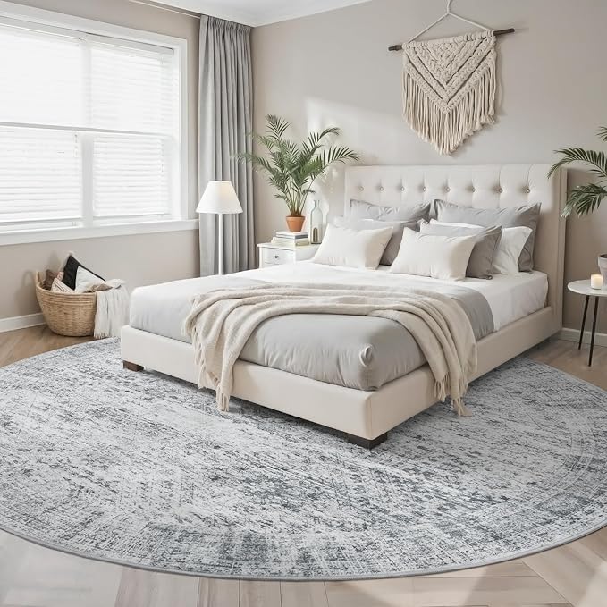 Soalmost 9x9 Grey Round Rug 9ft Living Room Circle Rug Vintage Round Area Rug Non Slip Indoor Carpet for Apartment
