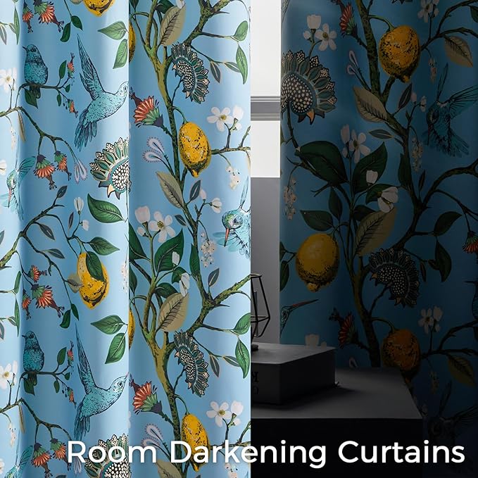 Topfinel Sliding Door Patio Floral Curtains & Drapes, Blackout Extra Wide Room Divider Large Blue Vintage Farmhouse Country Hummingbird Patterned Grommet Curtains 1 Single Panels W100 x L84
