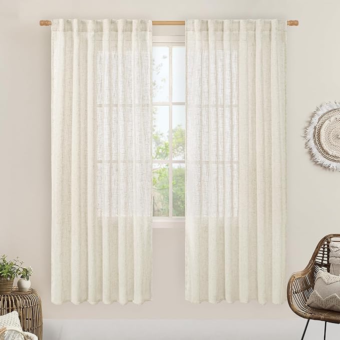 LAMIT Natural Linen Semi Sheer Curtains 78 Inch for Bedroom, Light Filtering Neutral Window Curtains Farmhouse Boho Back Tab and Rod Pocket Panels, Natural Cream Ivory, 2 Panels, 52 x 78 Inch