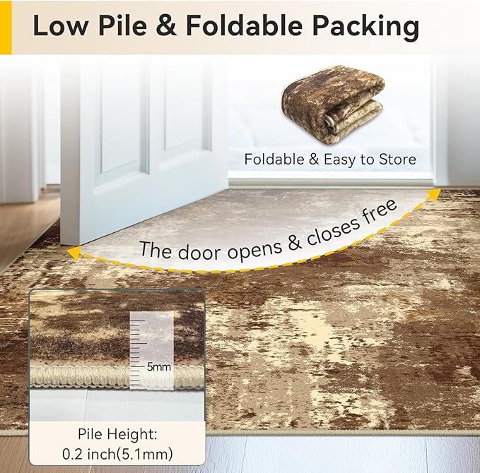 Washable Area Rugs 2'x3' Non-Slip Modern Abstract Soft for Living Room Entryway Bedroom Nursery, Print Pattern, Brown Tan Beige Coffee