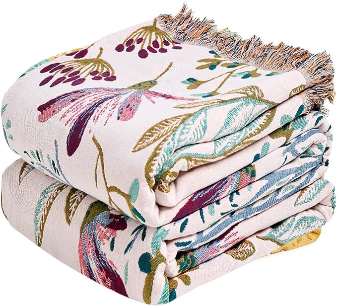 MSGKV Boho Throw Blanket for Bed 60"x80" Floral 100% Cotton Couch Blanket Spring Breathable Lightweight Farmhouse Flower Twin Size Blankets for Sofa Home Decor Muslin All Seasons