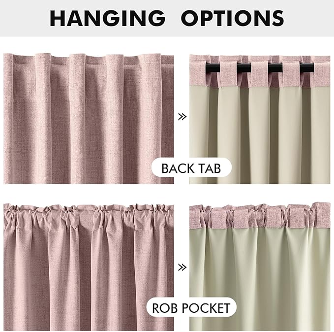 MIULEE 100% Blackout Linen Curtains for Bedroom, Pink Solid Luxury Decor Thermal Insulation Room Darkening Drapes for Living Room Nursery Back Tab Rod Pocket 42 x 72 Inches, 2 Panels
