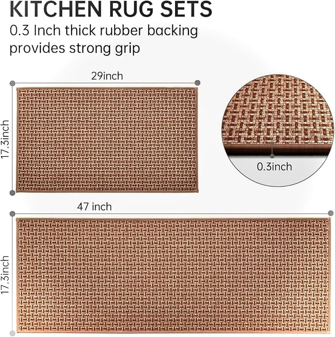 eqivei Kitchen Rugs and Mats Non Skid Washable Set of 2 PCS, Absorbent Runner Rugs for Kitchen, Farmhouse Weave Floor Mats in Front of Sink, 17.3"x 47"+17.3"x 29" (Brown)