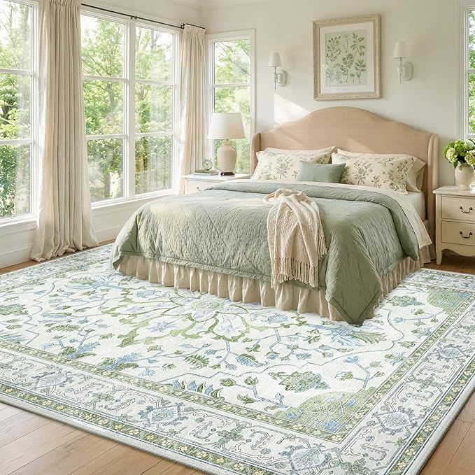 Area Rugs 8'x10' Washable Non-Slip, Floral Vintage Distress Print Pattern Medallion Carpet for Living Room Bedroom Dining Room, Green White Blue