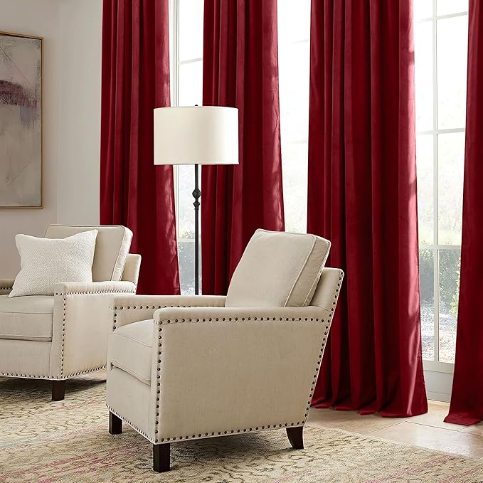 RYB HOME Chistmas Red Velvet Curtains- Super Soft Thermal Insulated Back Tab & Rod Pocket Window Curtain for Bedroom Movie Theater, Width 52 x Length 90 inch, Red, 2 Panels