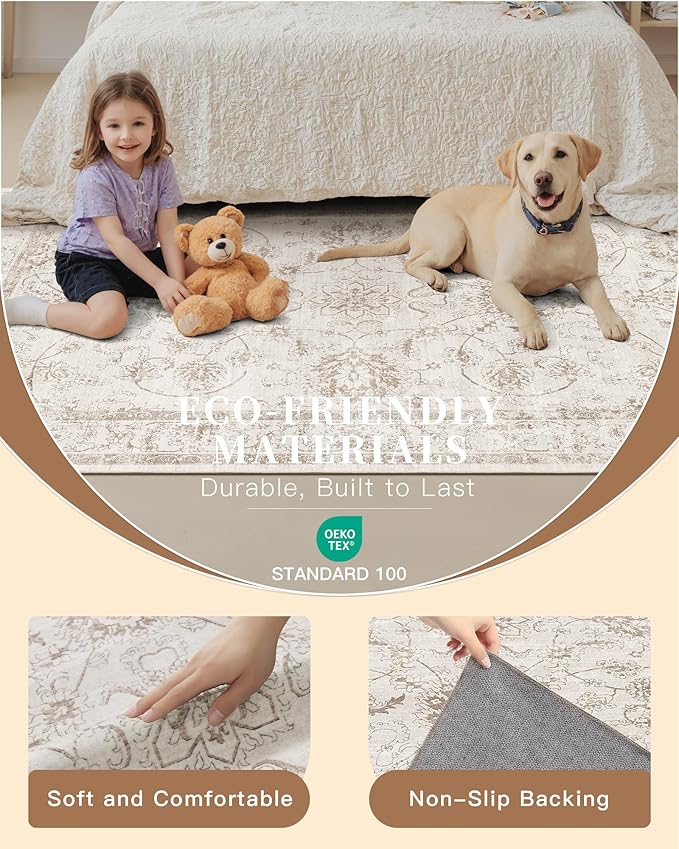 Madane Runner Rug 2x10 for Hallway, Kitchen Non-Slip Runner Rug with Rubber Backing, Vintage Soft Low Pile Throw Neutral Carpet Runner for Laundry Room Entryway Bathroom Bedroom (2 x 10, Brown/Ivory)