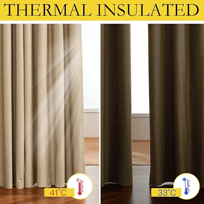 NICETOWN 100% Absolutely Blackout Linen Curtains with Thermal Insulated White Liner, Camel, W34 x L70, 2 Panels, Long Curtains 70 inch Length for Patio Door, Doorway, Office, Overnight Shiftworker