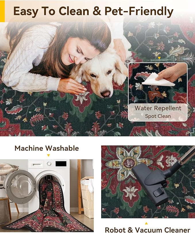 RELEANY Area Rugs 9'x12' Washable Non-Slip, Floral Vintage Distress Print Pattern Medallion Carpet for Living Room Bedroom Dining Room, Red Black