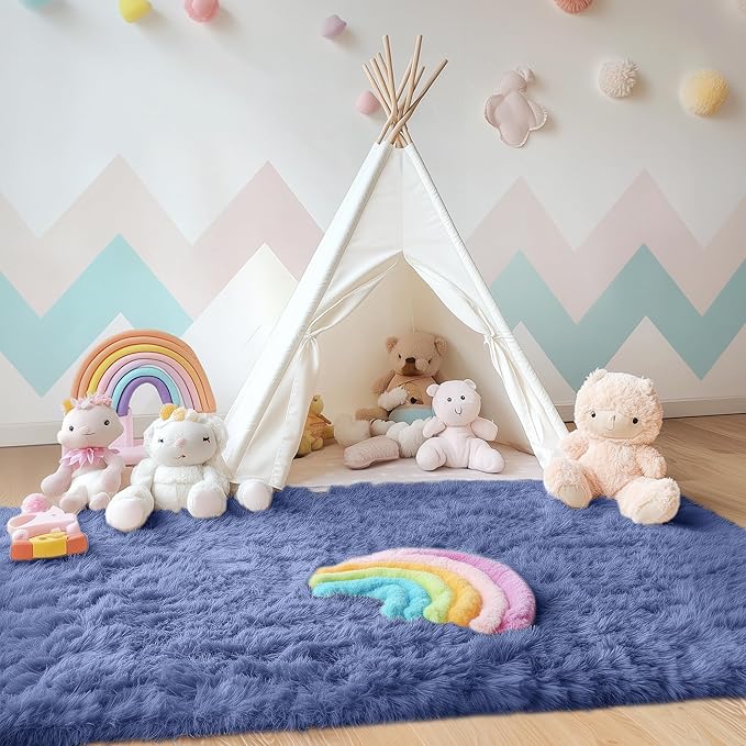 OLANLY Area Rugs for Living Room Bedroom, Machine Washable 4x5.9 ft Soft Fluffy Shaggy Bedside Rug, Indoor Floor Carpet for Kids Girls and Boys, Dorms, Nursery Rooms, Home Decor Aesthetic, Denim Blue