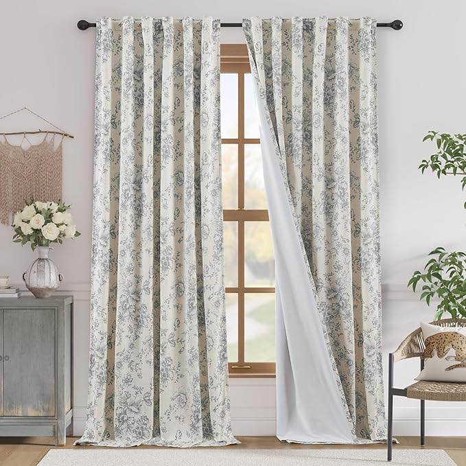 jinchan Blackout Floral Curtains for Living Room Bedroom Linen Blend Curtain Farmhouse Grey Printed with Lined Back Tab Rod Pocket Drapes Window Treatments 2 Panels 96 Inch Gray