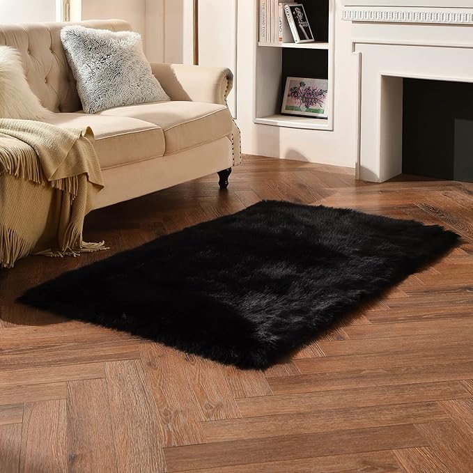 duduta Black Faux Sheepskin Fur Rug 3x5 ft, Fluffy Shag Bedroom Dorm Nursery Playroom Carpet Rug Non Slip Washable