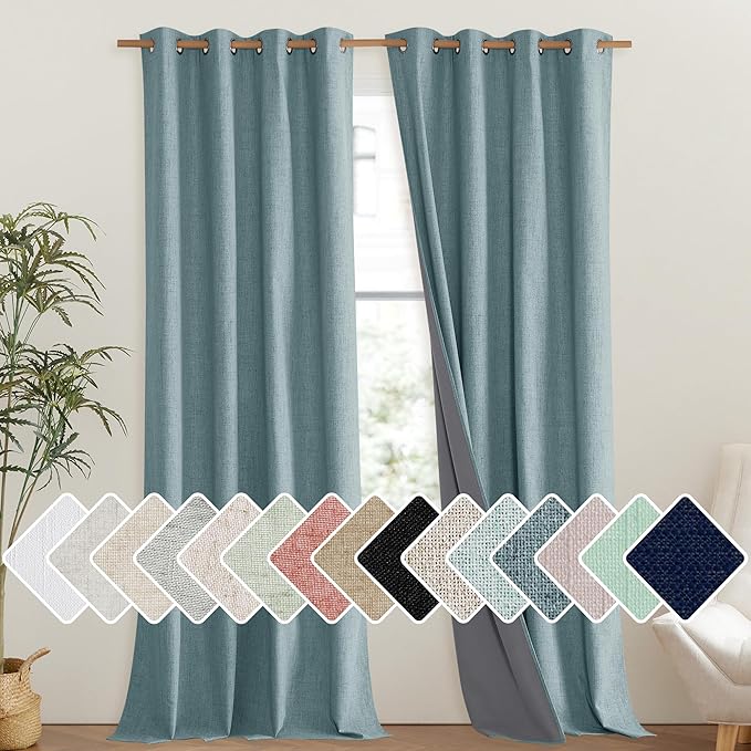 NICETOWN 100% Absolutely Blackout Linen Curtains with Thermal Insulated Liner, Skylark Blue, 52" Wide, 102" Length Energy Saving Curtains for Living Room 2 Panels Set, Vertical Blinds