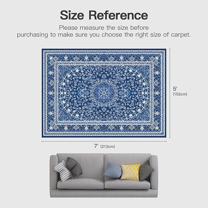 Lofus 5x7 Area Rugs for Living Room, Machine Washable Non-Slip Area Rug, Low Pile Large Rugs for Bedroom, Kitchen, Dining Room, Home Office, Vintage Oriental Print Rug, Dark Blue with White