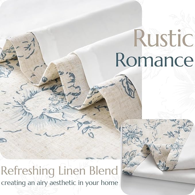 jinchan Lined Linen Blend Curtain Floral Curtains for Living Room 84 Inches Long Blue Peony Flower Printed Curtain Rod Pocket Back Tab Farmhouse Patterned Drapes Bedroom Window Curtains Set 2 Panels