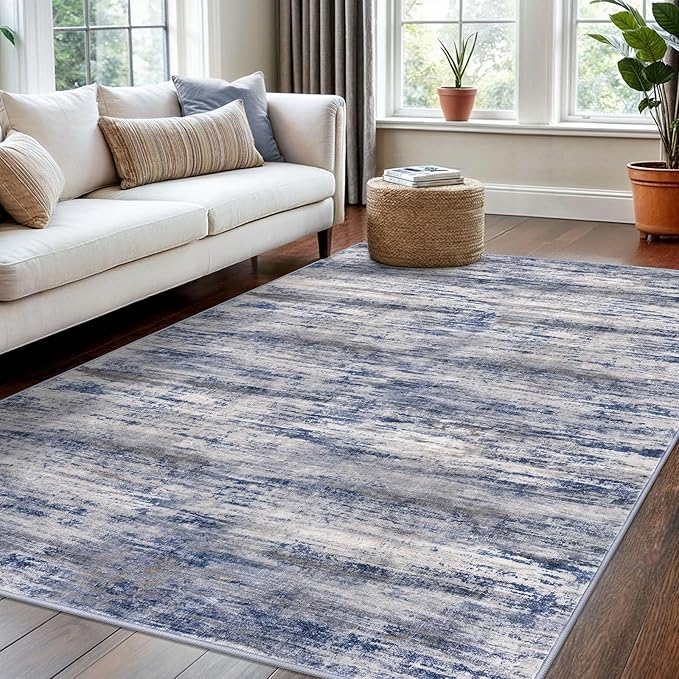 KOZYFLY 4x6 Area Rug Modern Abstract Washable Large Rugs for Entryway Non-Slip Soft Living Room Rug, Print Grey-Blue Throw Rugs Indoor Mat for High-Traffic Door Entrance, Laundry, Nursery, Bedroom