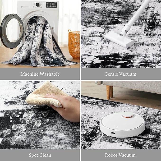 Rugflix 4x6 Area Rugs for Living Room, Washable Large Rug Stain-Resistant Low Pile, Modern Dark Carpet for Dining Room Home Office Kid Room Nursery Bedroom, Black Grey
