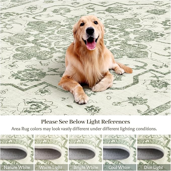 Madane 5x7 Area Rugs for Living Room, Vintage Stain Resistant Area Rug, Floral Print Rug Non-Slip Thin Washable Rugs for Bedroom Dining Room, Green/Ivory