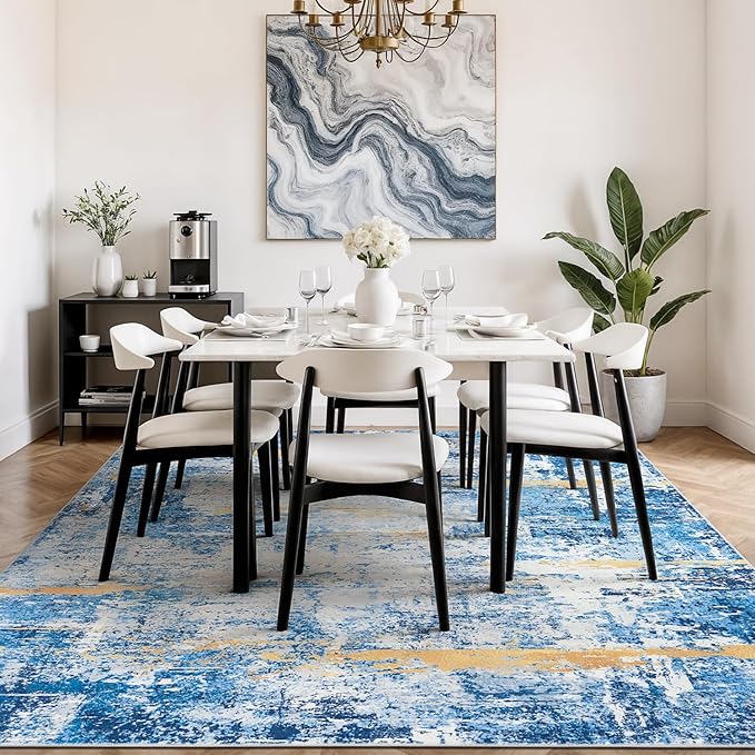 Rugflix 8x10 Area Rugs for Living Room, Washable Large Rug Stain-Resistant Low Pile, Modern Carpet for Dining Room Home Office Kid Room Nursery Bedroom, Blue Gold