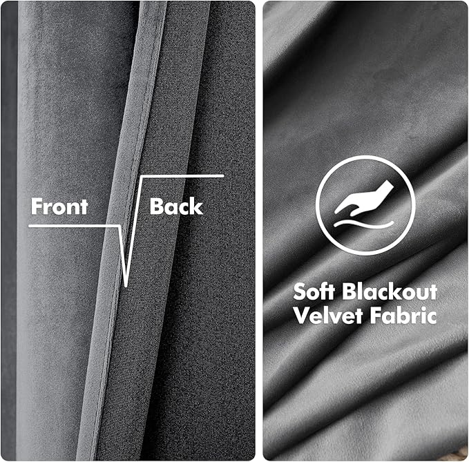 MIULEE 2 Panels Velvet Curtains Solid Soft Grommet Grey Curtains Blackout Thermal Insulated Soundproof Room Darkening Curtains/Drapes/Panels for Living Room Bedroom 52 x 90 Inch