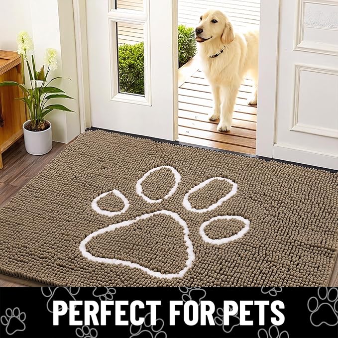 Smiry Dog Door Mat for Muddy Paws, Absorbent Dirt Trapper Non Slip Quick Dry Washable Chenille Mat for Mud Dogs, Entry Rug for Indoor and Outdoor (70x24 Inches, Camel and Black)